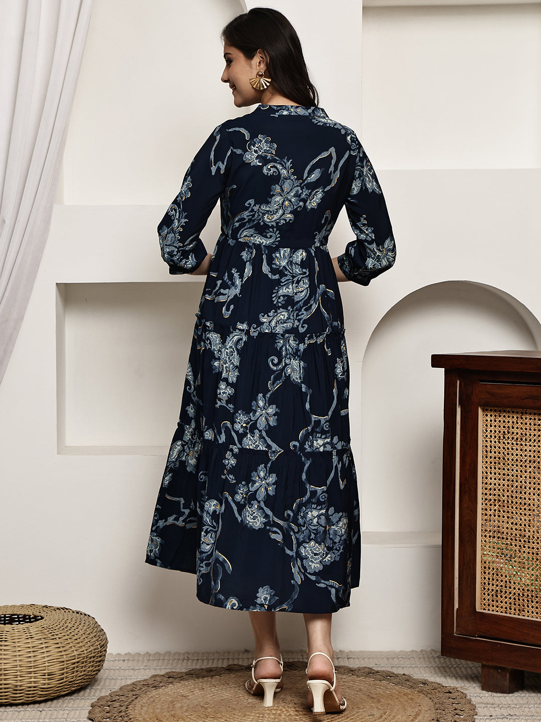 Navy Blue Colour Ethnic Motifs Printed Premium Chanderi Dress For Women
