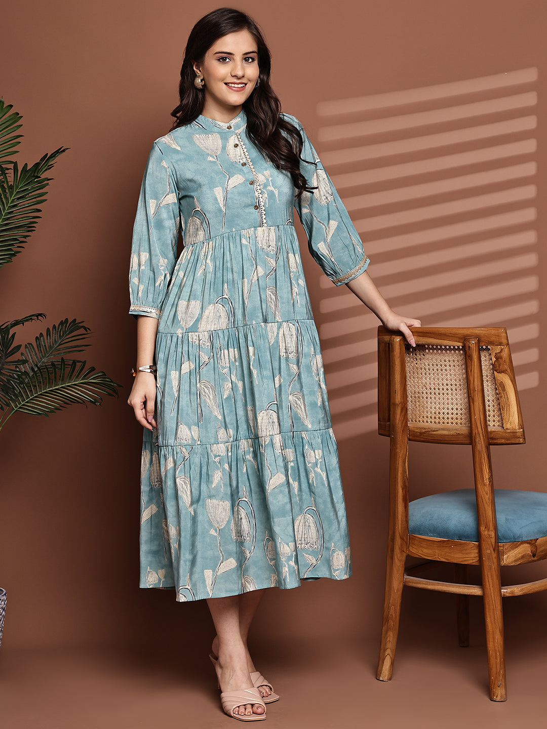 Blue Colour Floral Printed Premium Chanderi Dress For Women