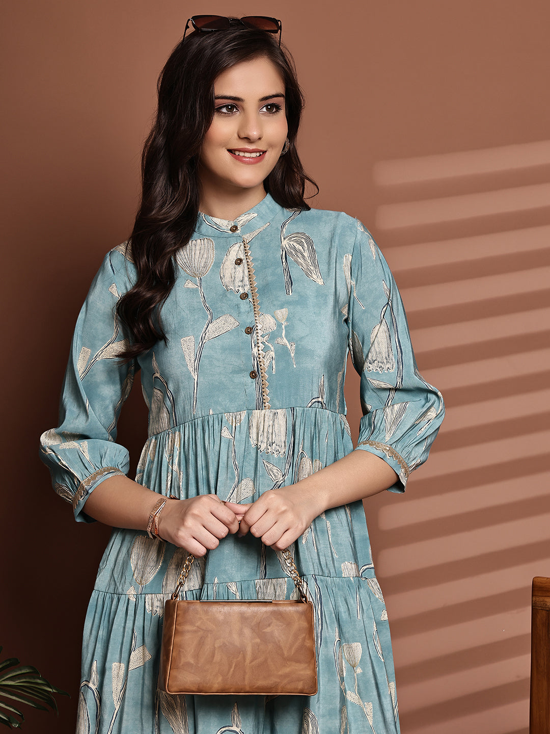 Blue Colour Floral Printed Premium Chanderi Dress For Women