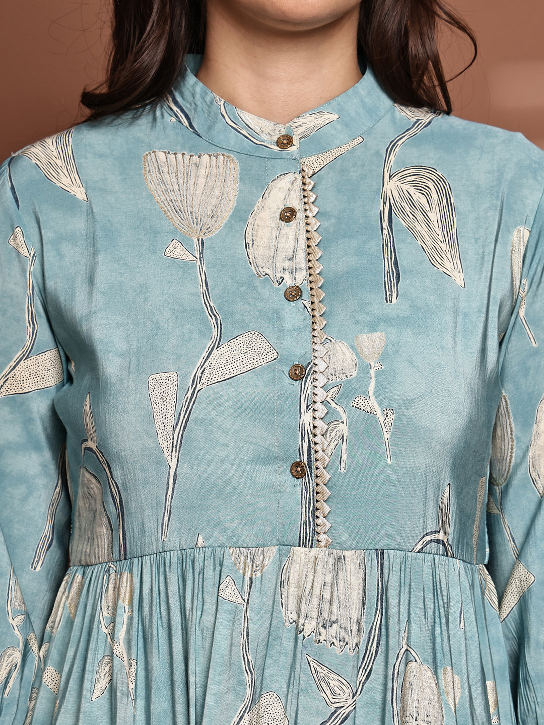 Blue Colour Floral Printed Premium Chanderi Dress For Women
