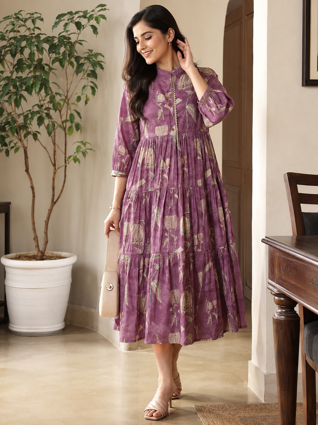 Mauve Chanderi Floral Printed Dress for Women | Claura