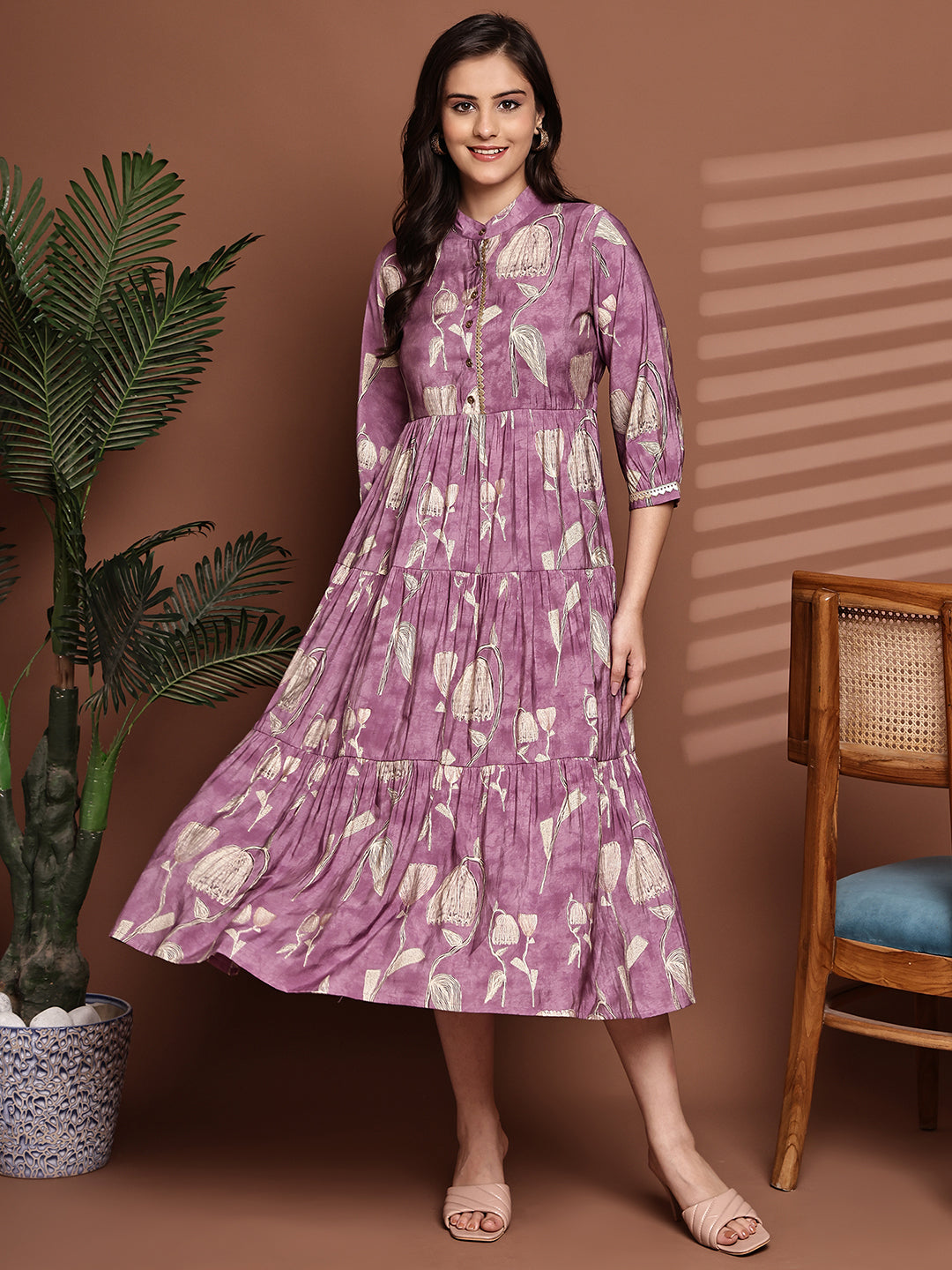 Close-up of soft Chanderi fabric on mauve Dresses for Women