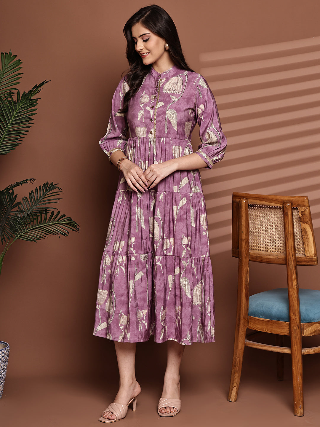 Mauve Colour Floral Printed Premium Chanderi Dress For Women