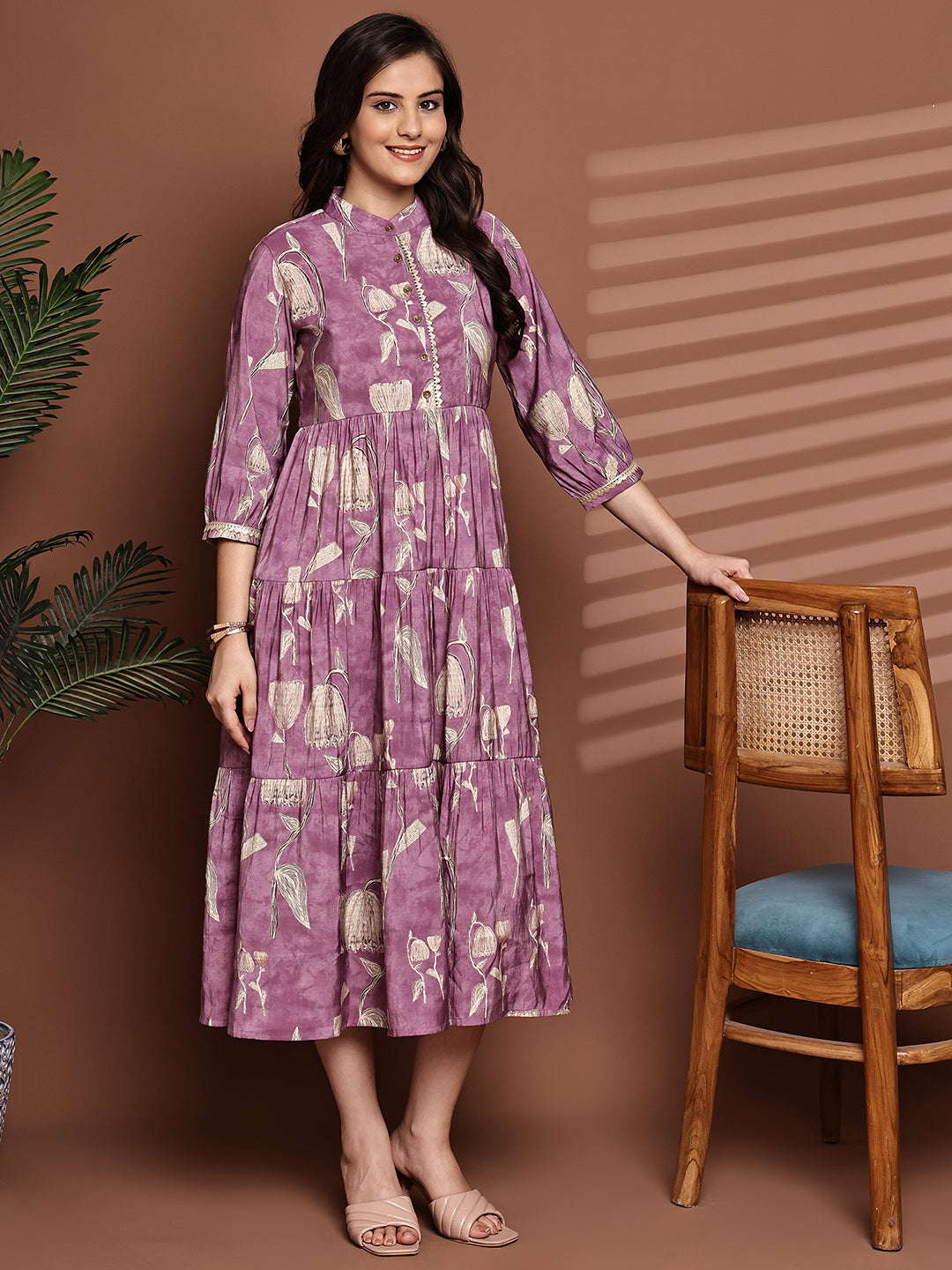 Mauve Colour Floral Printed Premium Chanderi Dress For Women