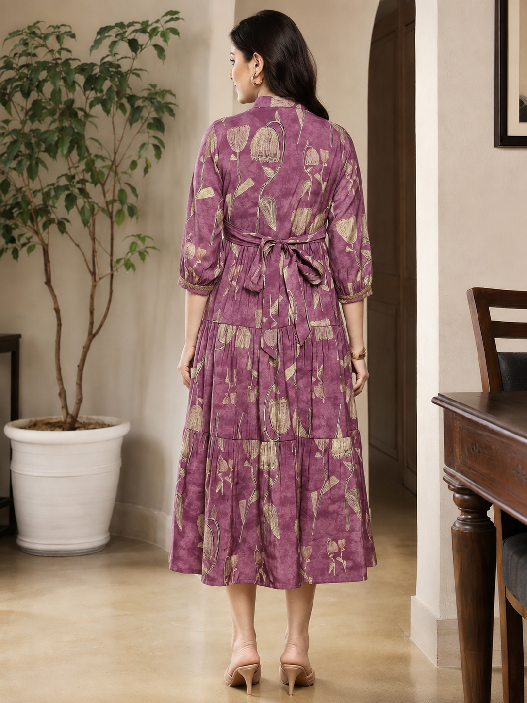 Mauve Chanderi Floral Printed Dress for Women | Claura