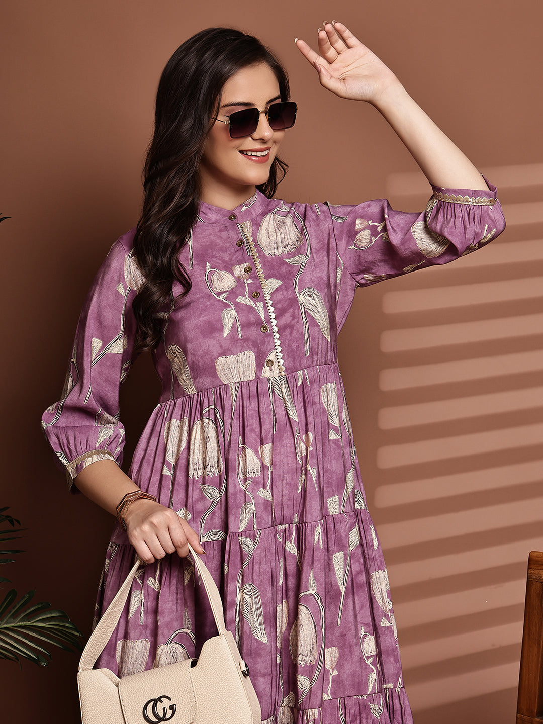 Mauve Colour Floral Printed Premium Chanderi Dress For Women