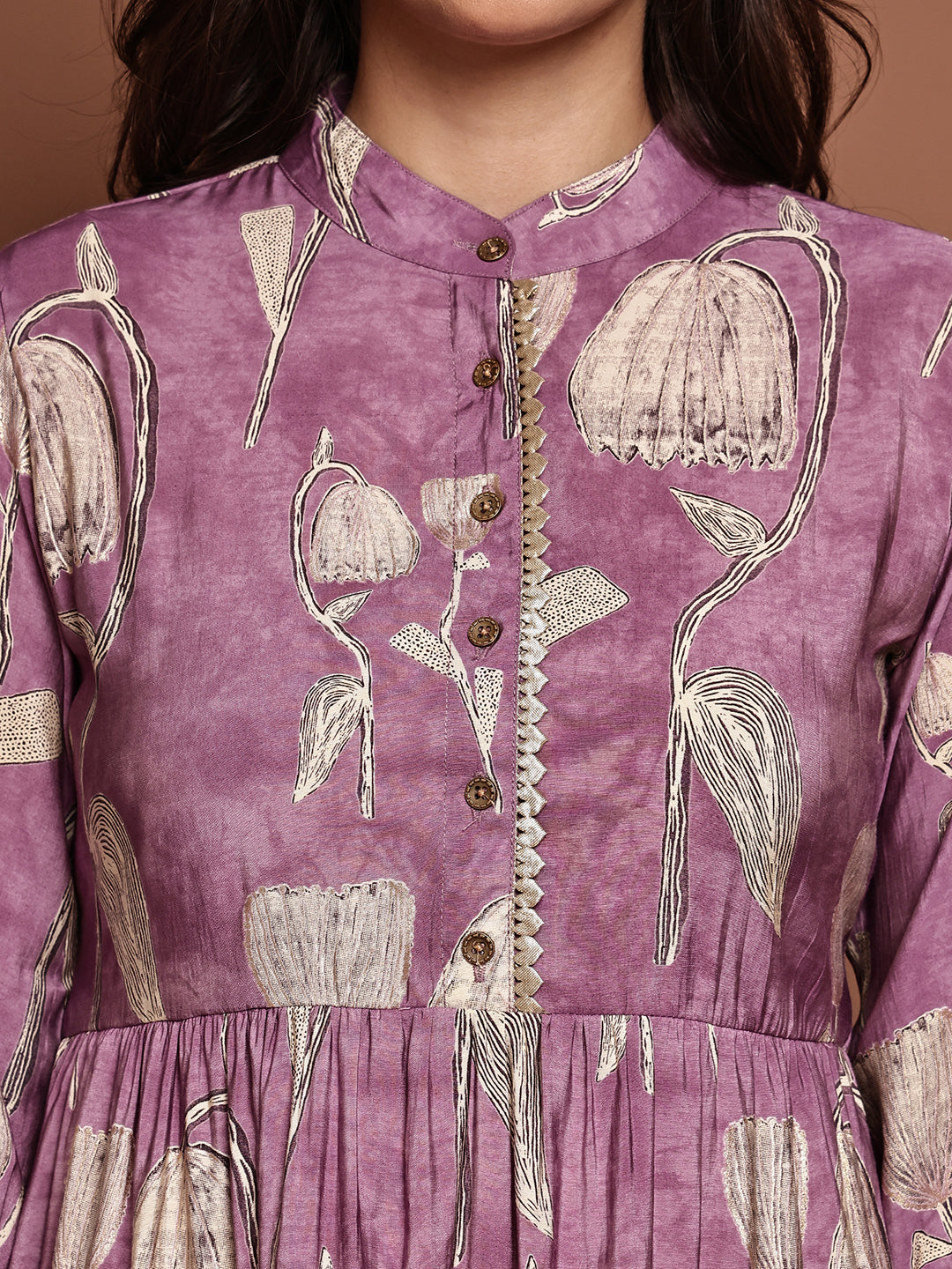 Mauve Colour Floral Printed Premium Chanderi Dress For Women