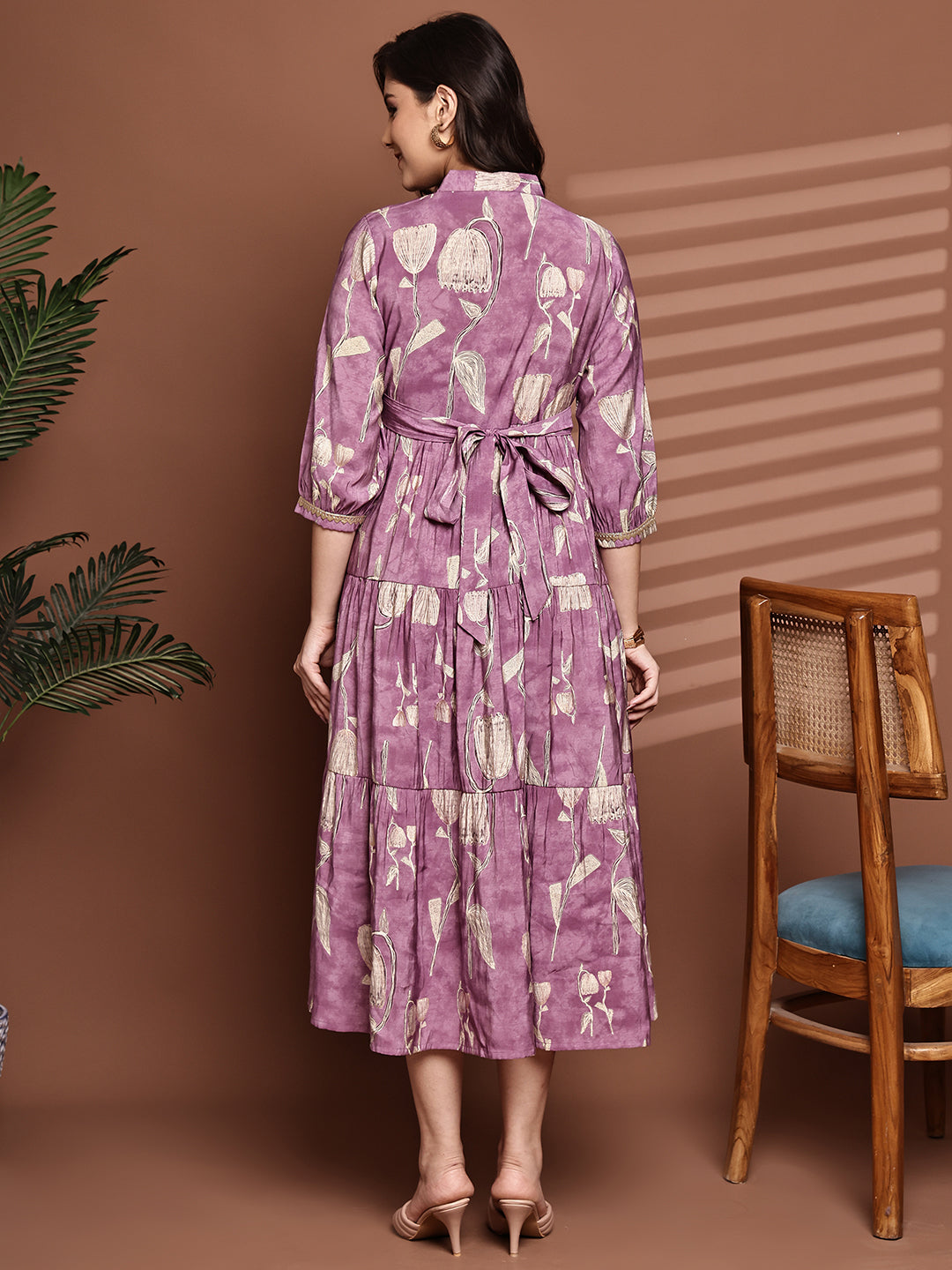 Mauve Colour Floral Printed Premium Chanderi Dress For Women