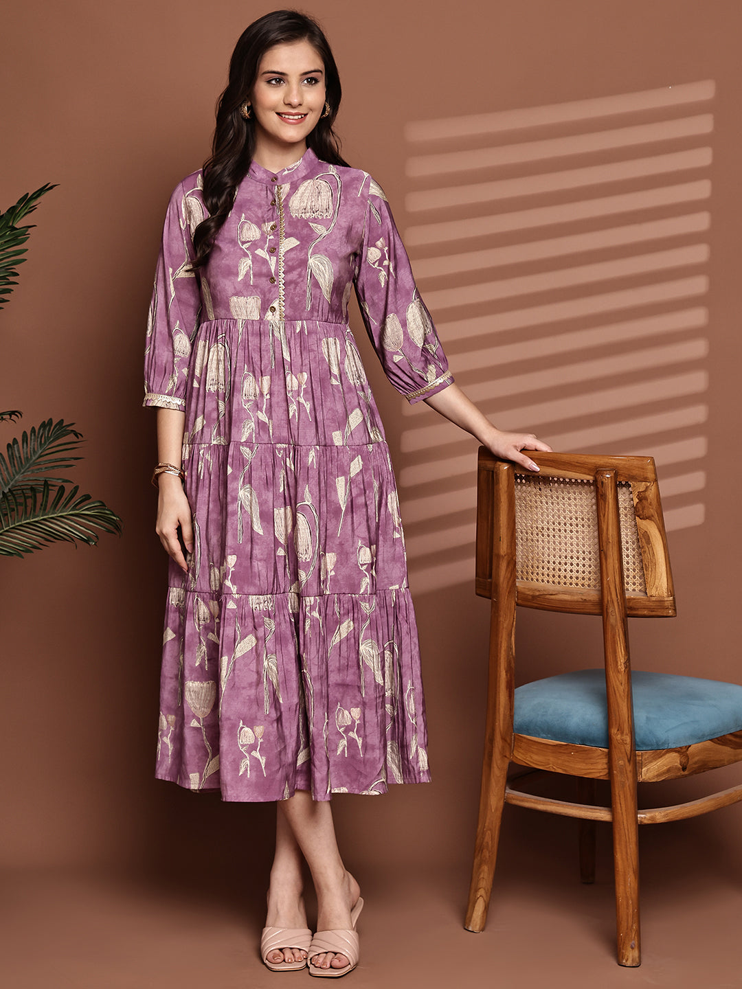 Mauve Colour Floral Printed Premium Chanderi Dress For Women