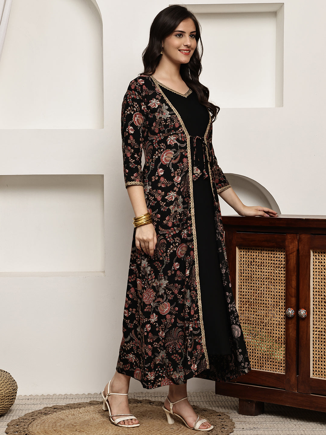 Black Colour Ethnic Floral Viscose Rayon Dress For Women