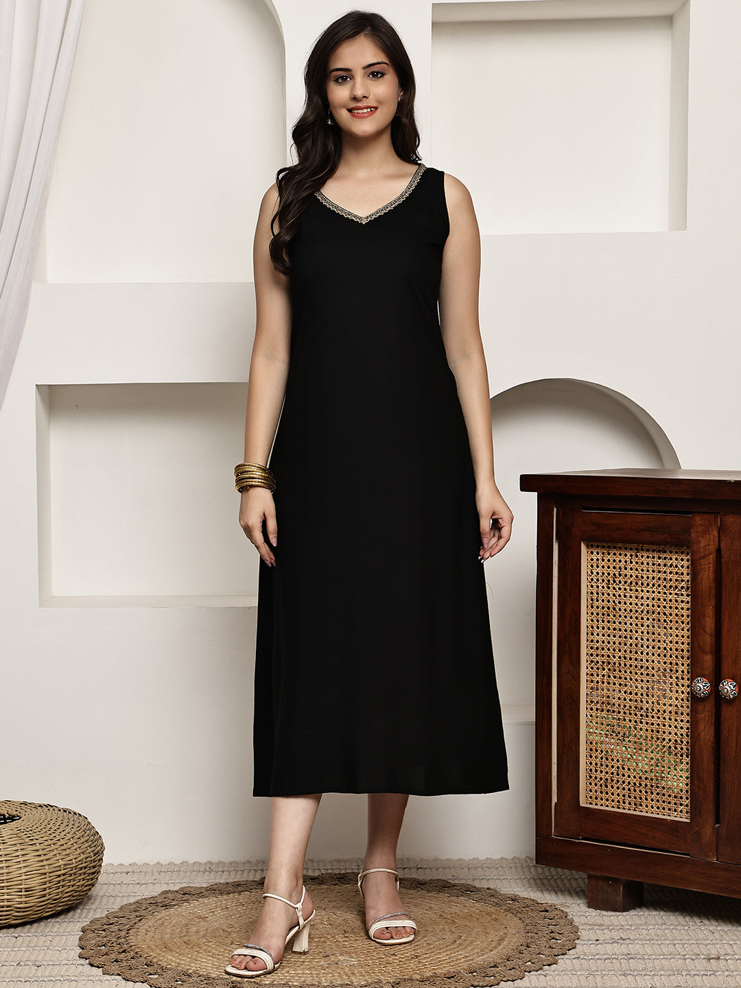 Black Colour Ethnic Floral Viscose Rayon Dress For Women