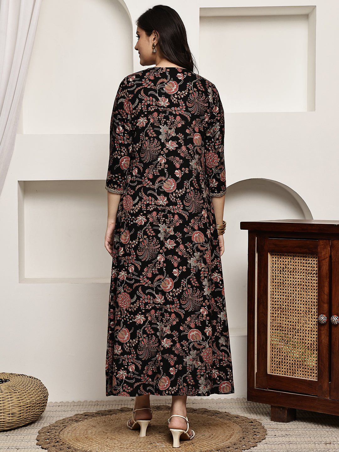 Black Colour Ethnic Floral Viscose Rayon Dress For Women