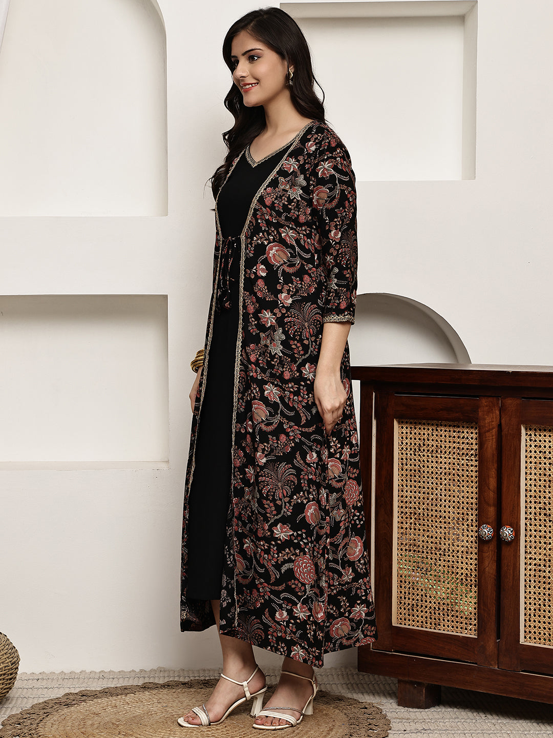 Black Colour Ethnic Floral Viscose Rayon Dress For Women
