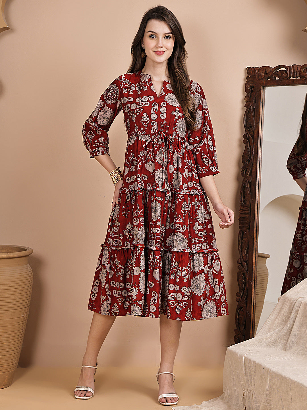 Maroon Color Floral Printed Chanderi Silk Dress For Women