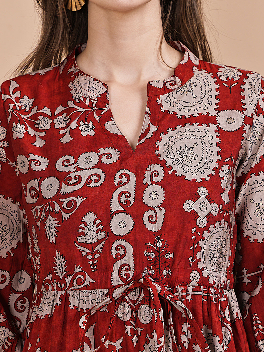 Maroon Color Floral Printed Chanderi Silk Dress For Women