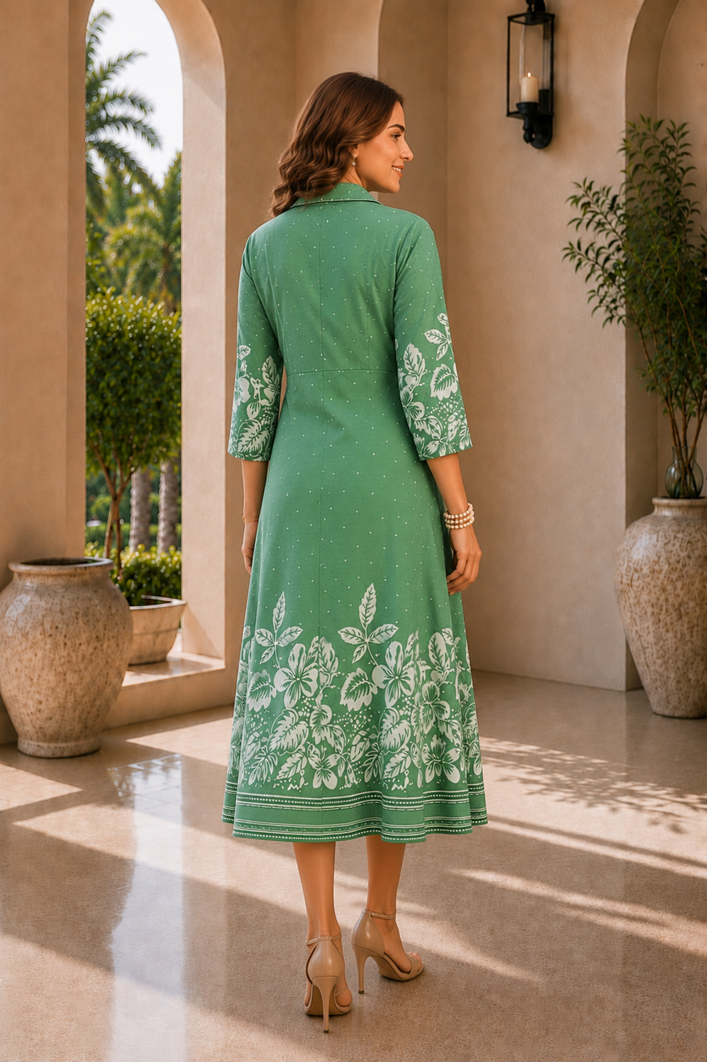 Green Floral Printed Chanderi Premium Long Dress for Women | Claura