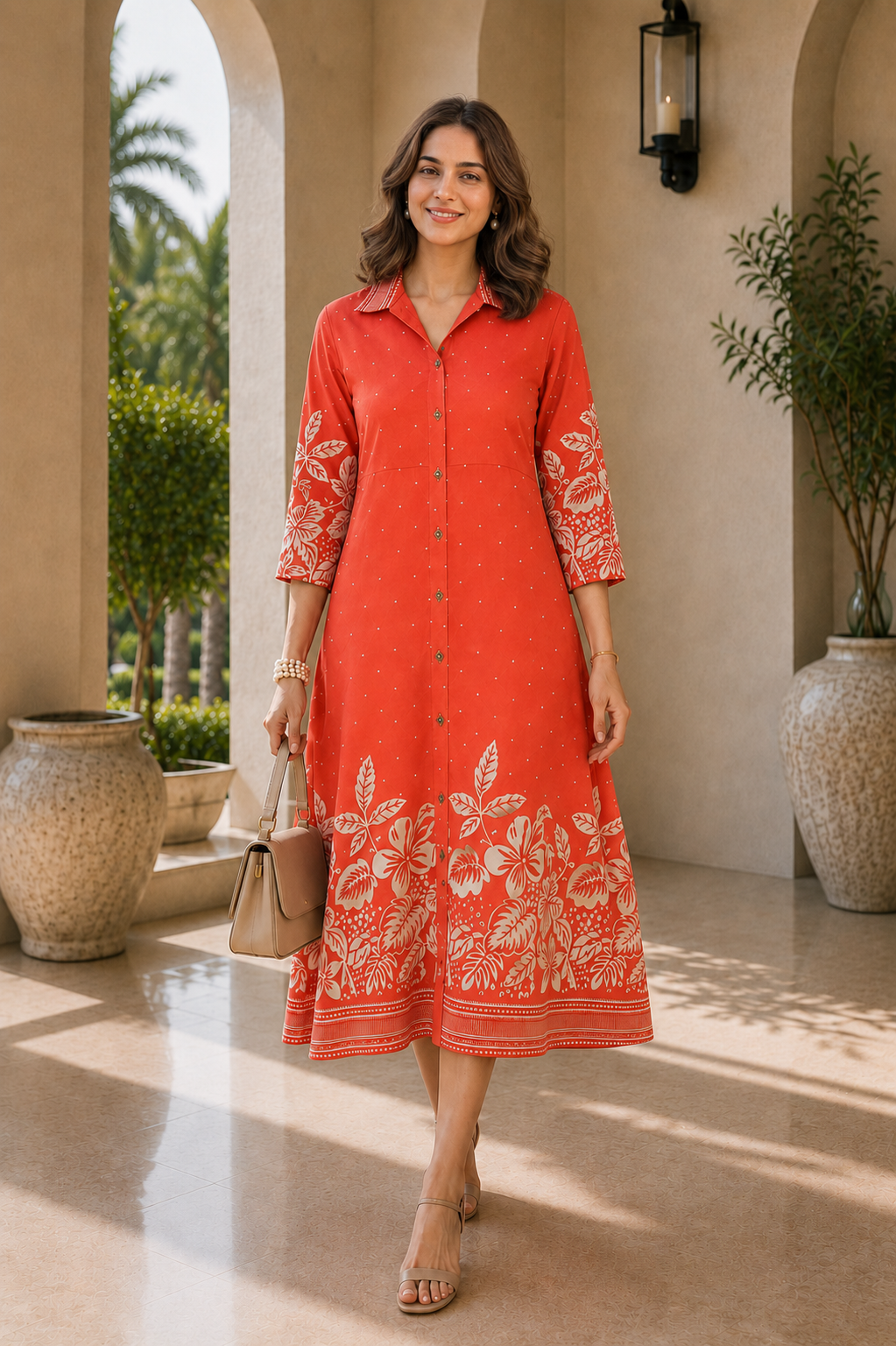 Orange Chanderi Floral Printed Dress for Women | Claura