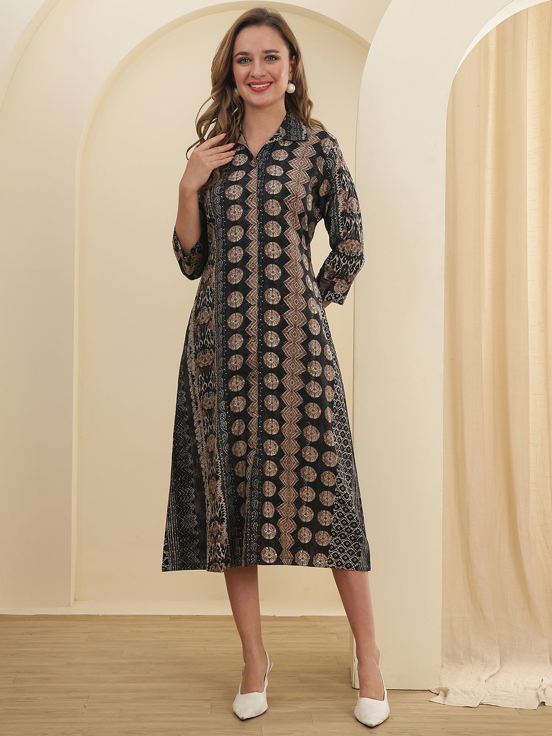 Black Chanderi Silk Abstract Printed Dress for Women | Claura