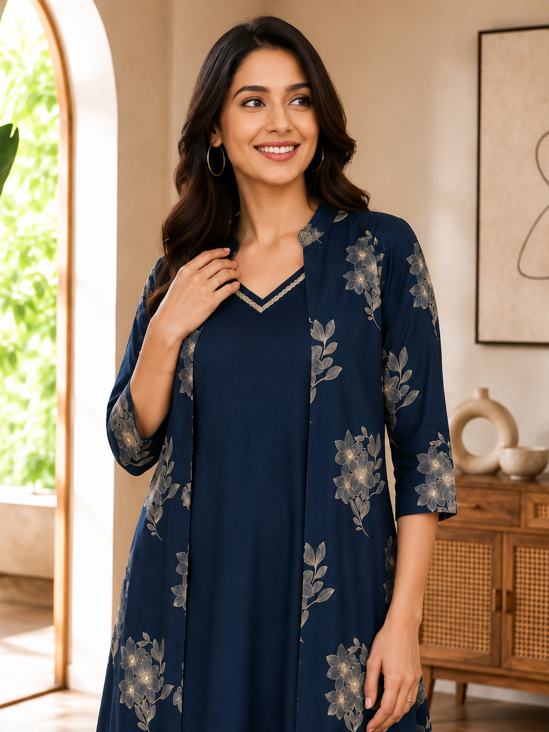 Navy blue Cotton Floral Printed Dress for Women | Claura