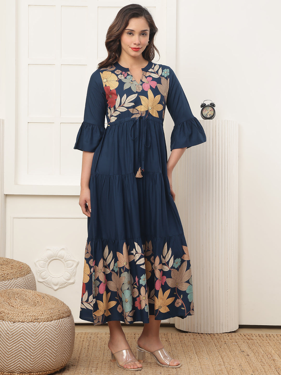 Blue Viscose Rayon Floral Printed Dress for Women | Claura