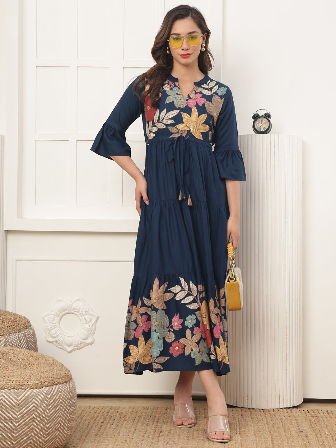 Woman wearing Blue Floral Printed Dress