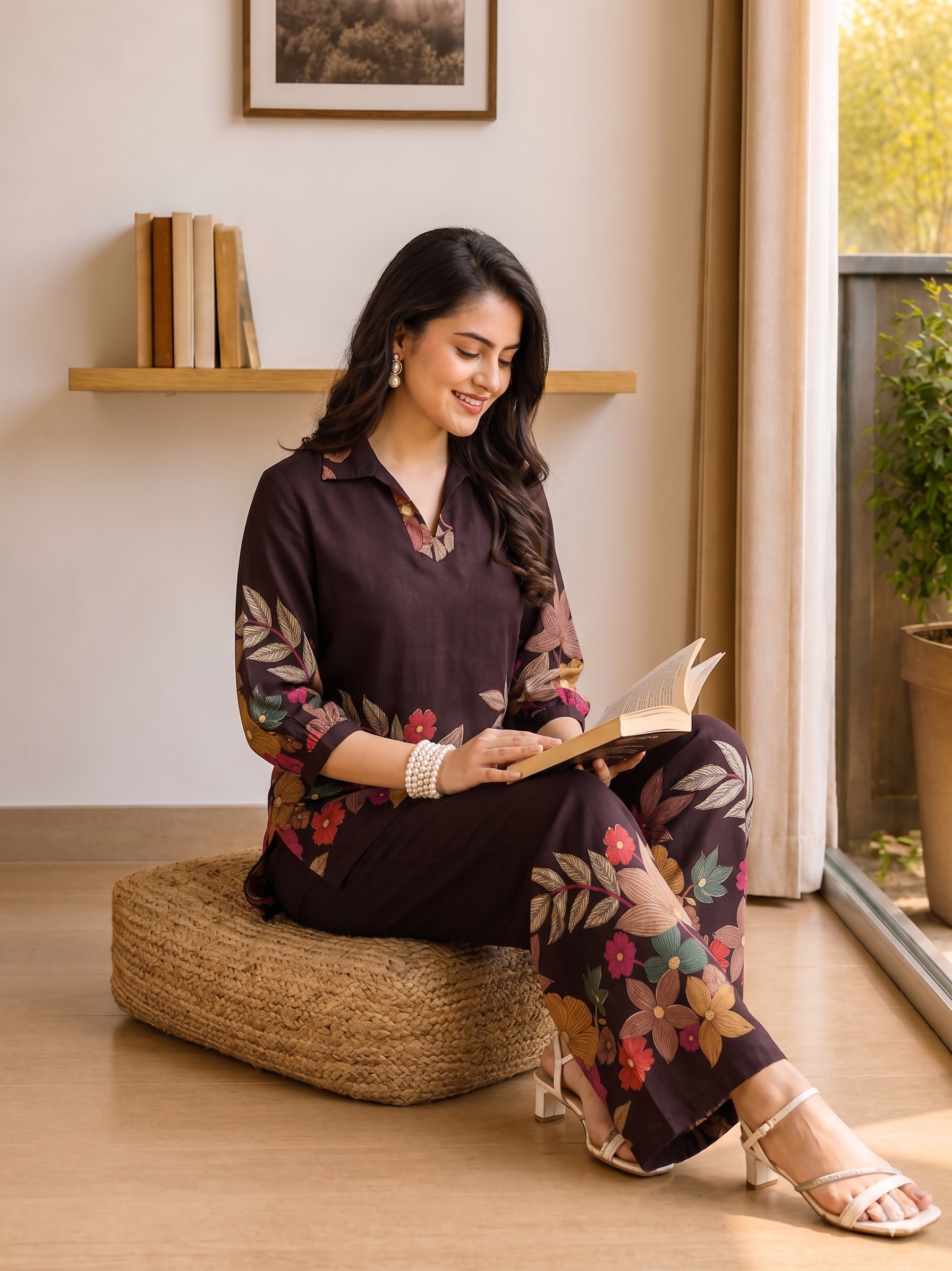 Coffee Brown Floral Chanderi Co-Ord Set with Collared Top | Claura