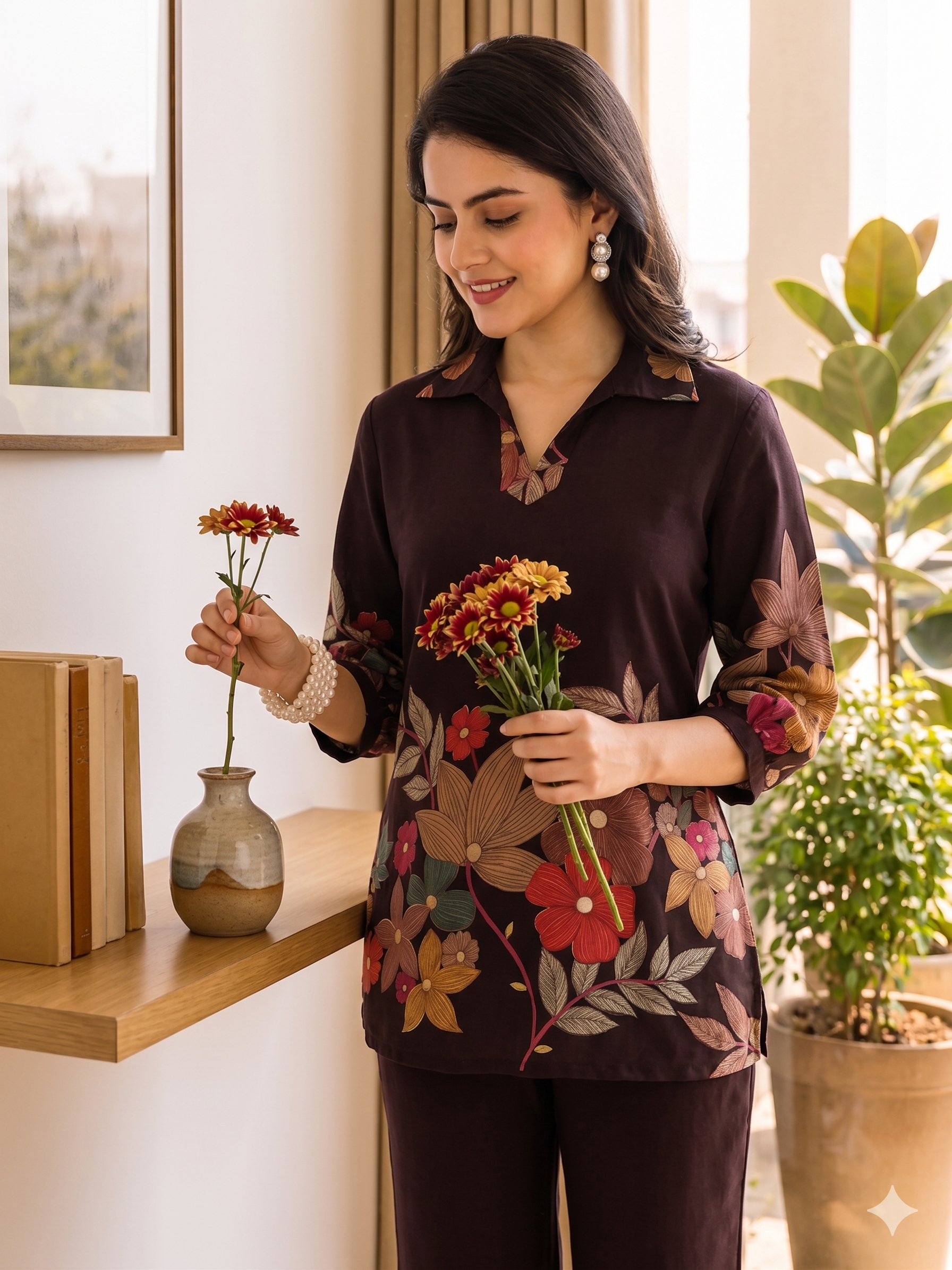 Coffee Brown Floral Chanderi Co-Ord Set with Collared Top | Claura