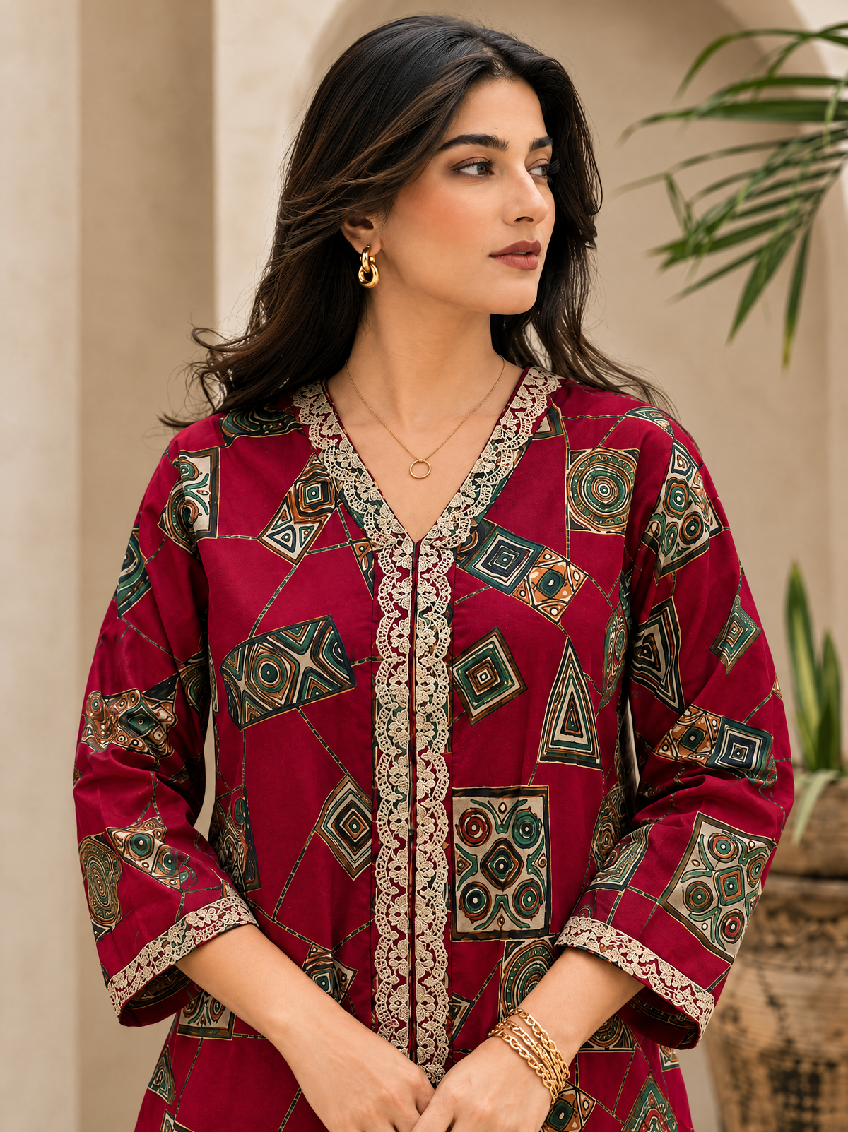 Red Printed V-Neck Tunic with 3/4 Sleeves & Palazzos | Claura