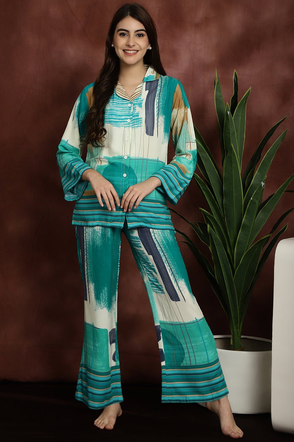 Green Abstract Printed Viscose Rayon Night Suit for Women by Claura