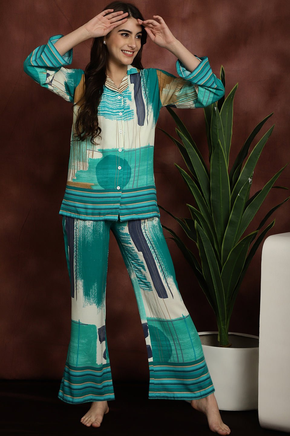 Green Abstract Printed Viscose Rayon Night Suit for Women by Claura