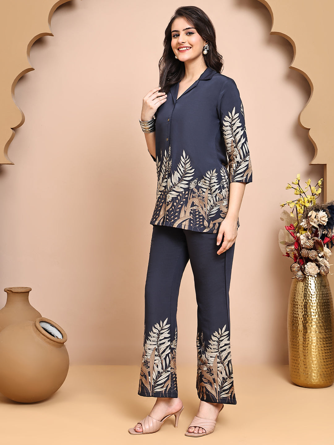 Grey Colour Floral Printed Premium Chanderi Co-Ords Set for Women
