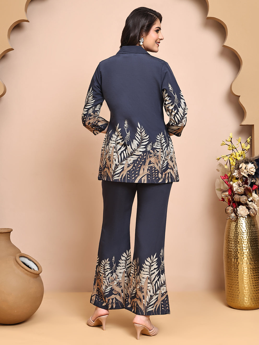 Grey Colour Floral Printed Premium Chanderi Co-Ords Set for Women