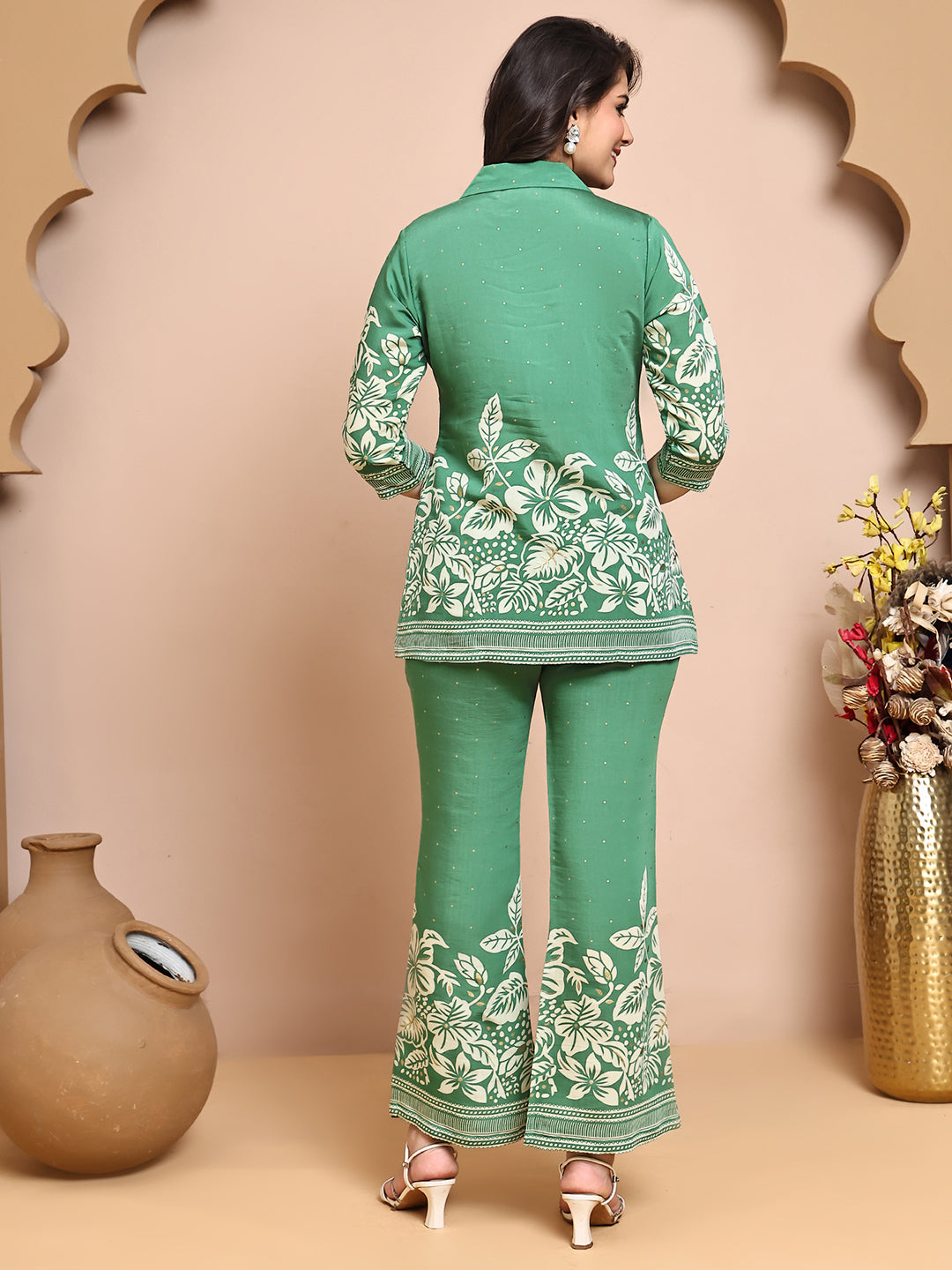 Green Colour Floral Printed Premium Chanderi Co-Ord Set for Women