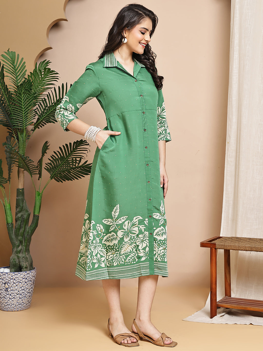 Green Colour Floral Printed Chanderi Premium Dress For Women