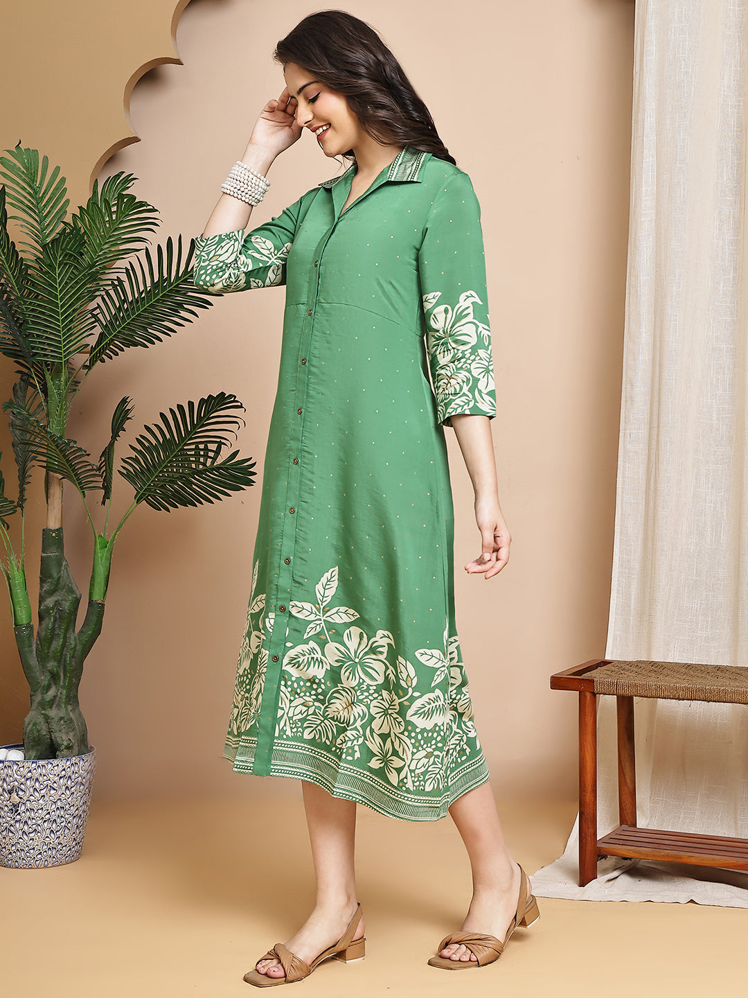 Green Colour Floral Printed Chanderi Premium Dress For Women