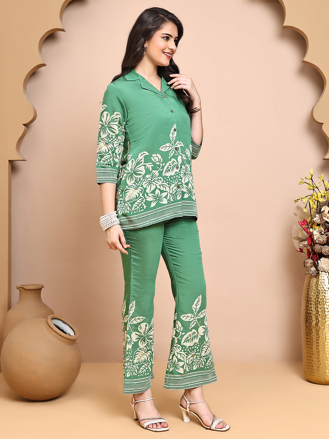 Green Colour Floral Printed Premium Chanderi Co-Ord Set for Women