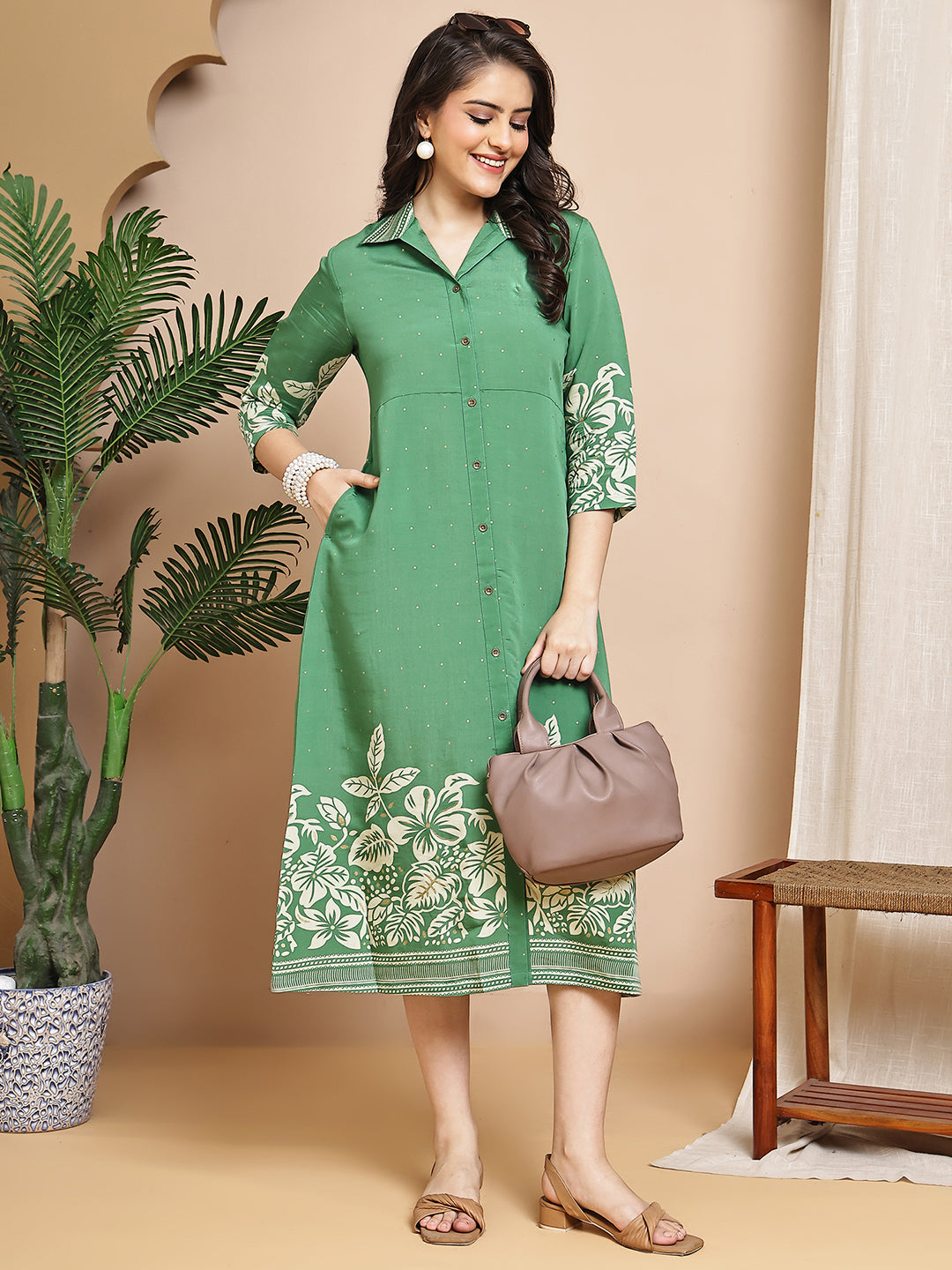 Green Colour Floral Printed Chanderi Premium Dress For Women