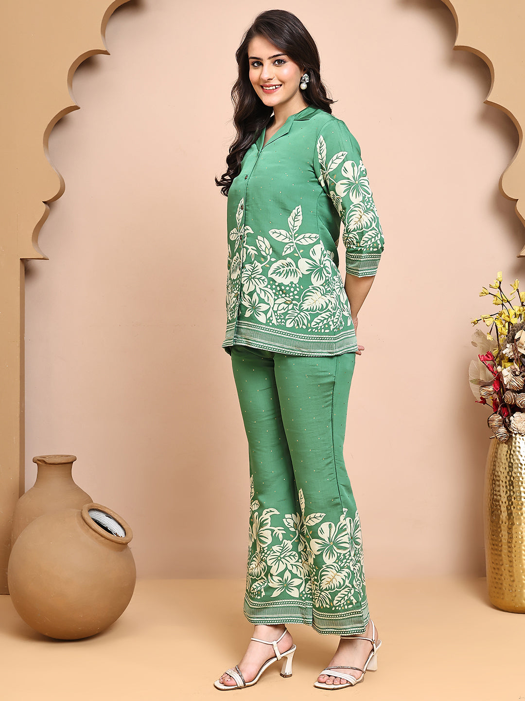 Green Colour Floral Printed Premium Chanderi Co-Ord Set for Women