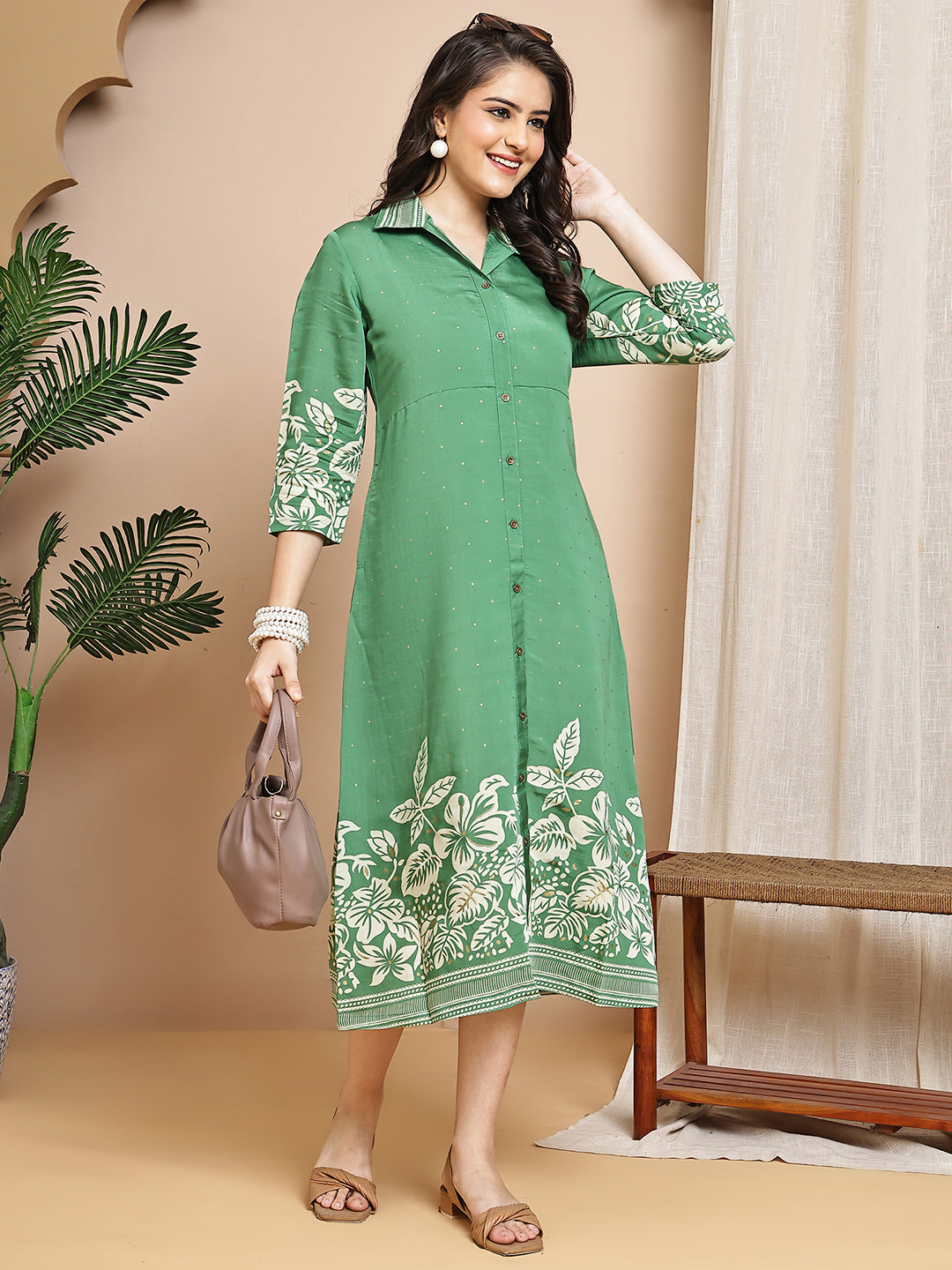 Green Colour Floral Printed Chanderi Premium Dress For Women