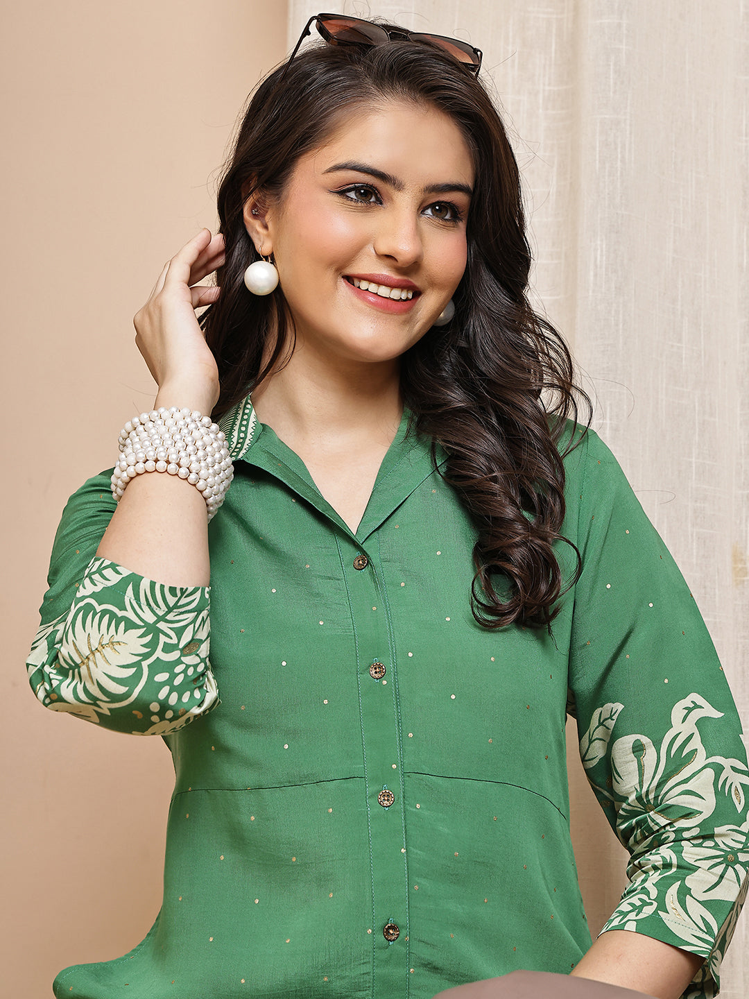Close-up of Chanderi fabric detail on green Dresses for Women