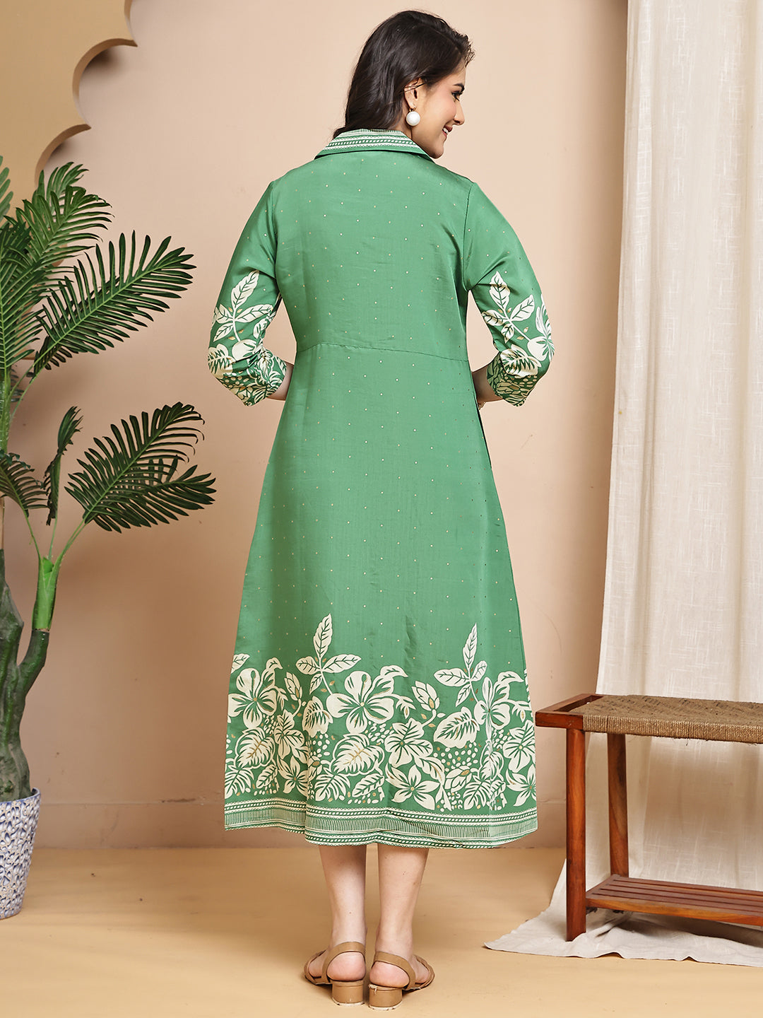Green Colour Floral Printed Chanderi Premium Dress For Women