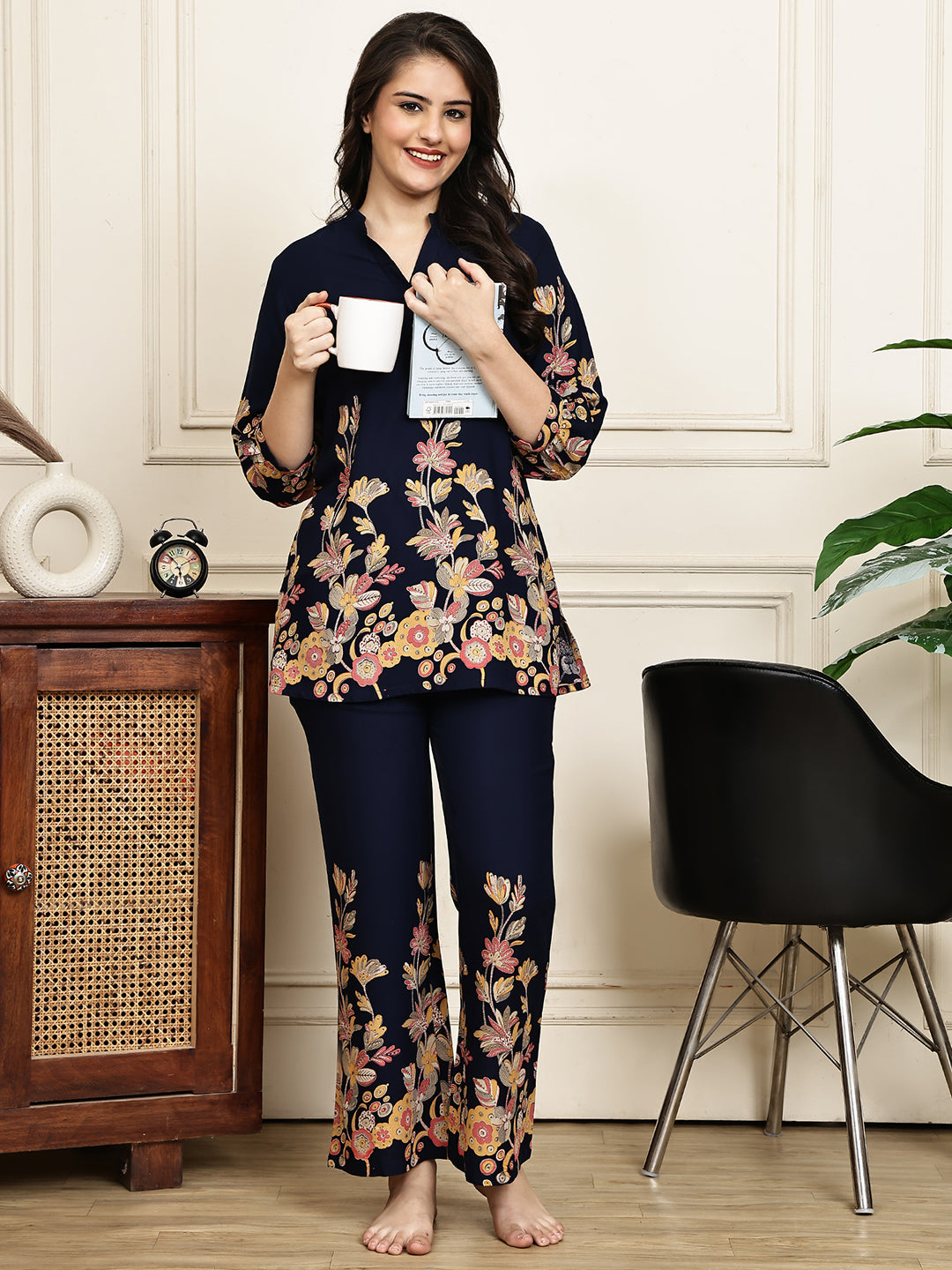 Navy blue Night Suit with half sleeves and relaxed pants