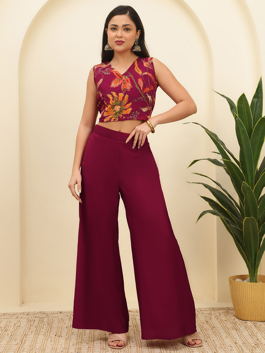 Red Floral Printed Chanderi Silk Co-Ord Set for Women | Claura