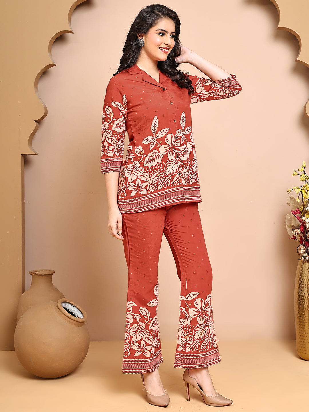 Orange Colour Floral Printed Premium Chanderi Co-Ord Set for Women