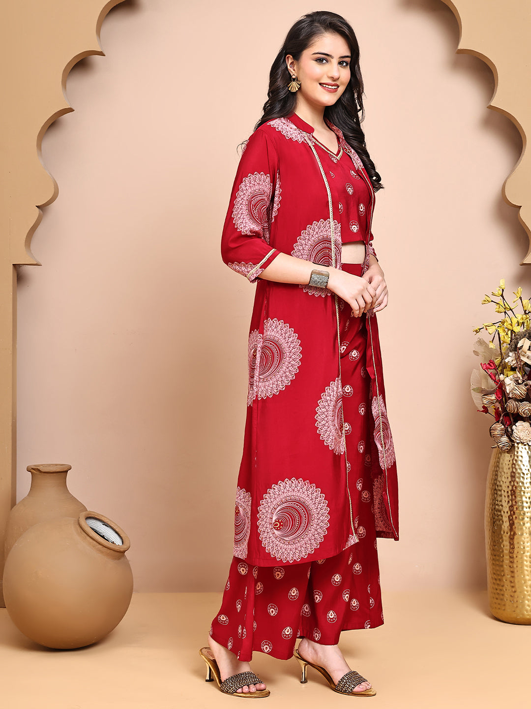 Red Colour V-Neck Ethnic Printed Co-Ord Set with Palazzo & Jacket for Women