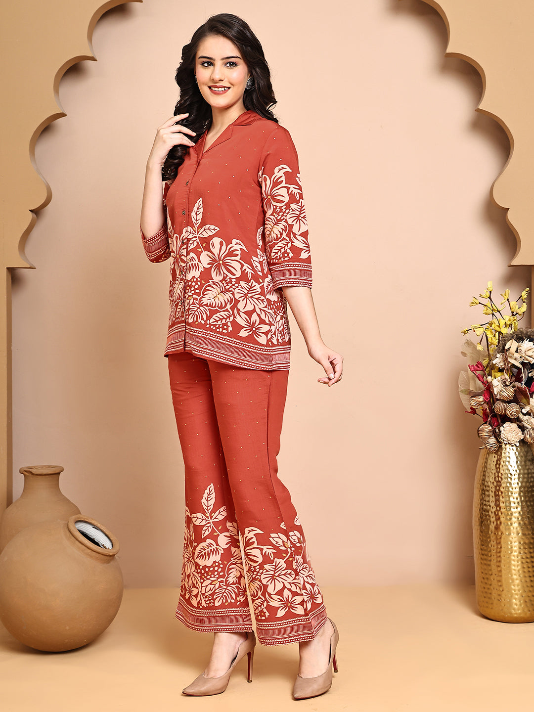 Orange Colour Floral Printed Premium Chanderi Co-Ord Set for Women