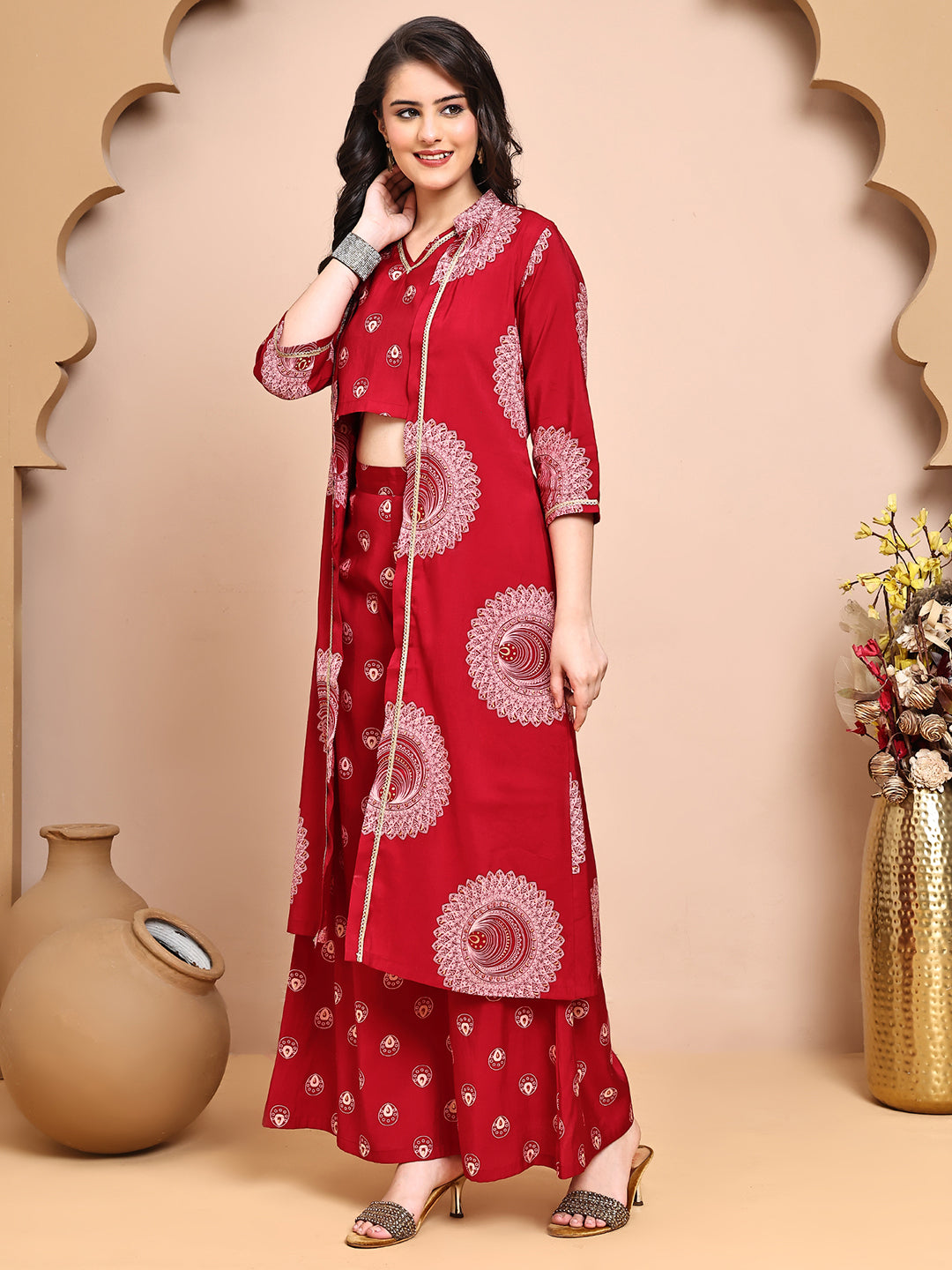 Red Colour V-Neck Ethnic Printed Co-Ord Set with Palazzo & Jacket for Women