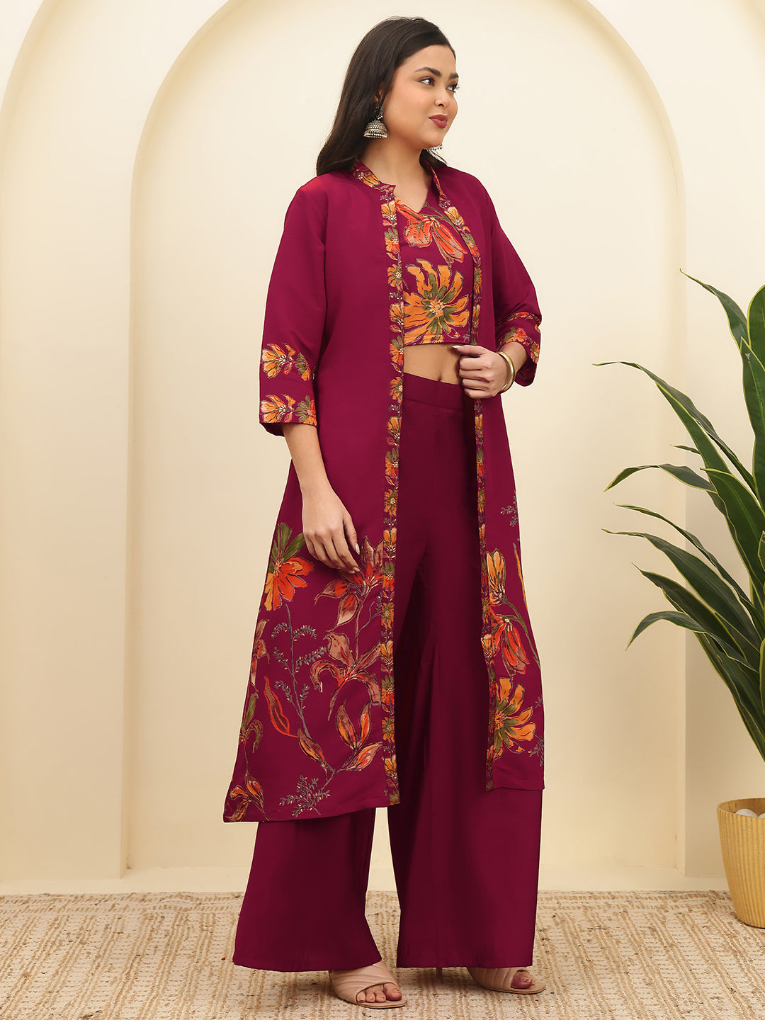 Red Floral Printed Chanderi Silk Co-Ord Set for Women | Claura