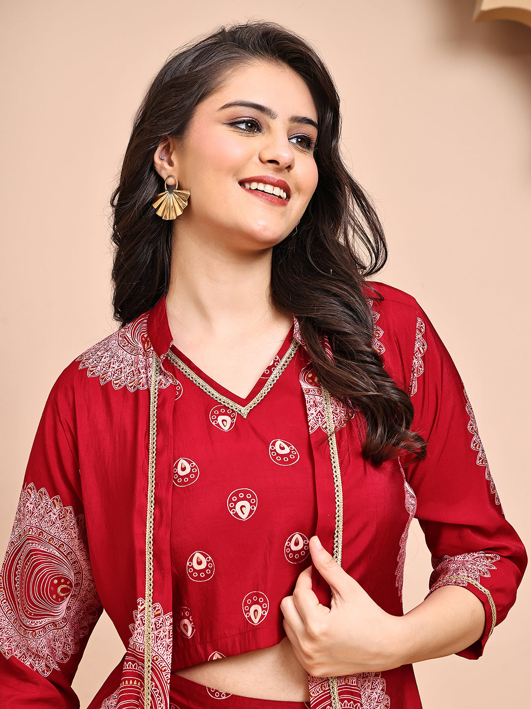 Red Colour V-Neck Ethnic Printed Co-Ord Set with Palazzo & Jacket for Women