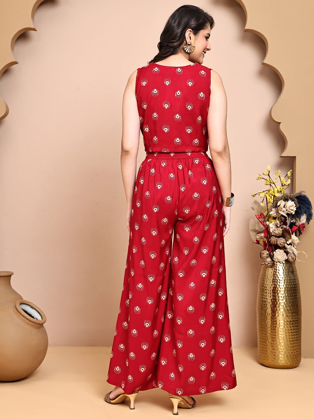 Red Colour V-Neck Ethnic Printed Co-Ord Set with Palazzo & Jacket for Women